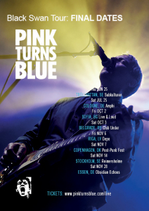 Poster for Pink Turns Blue's Black Swan Tour final dates, featuring a guitarist performing on stage with the tour dates listed and a ticket link at pinkturnsblue.com/live.