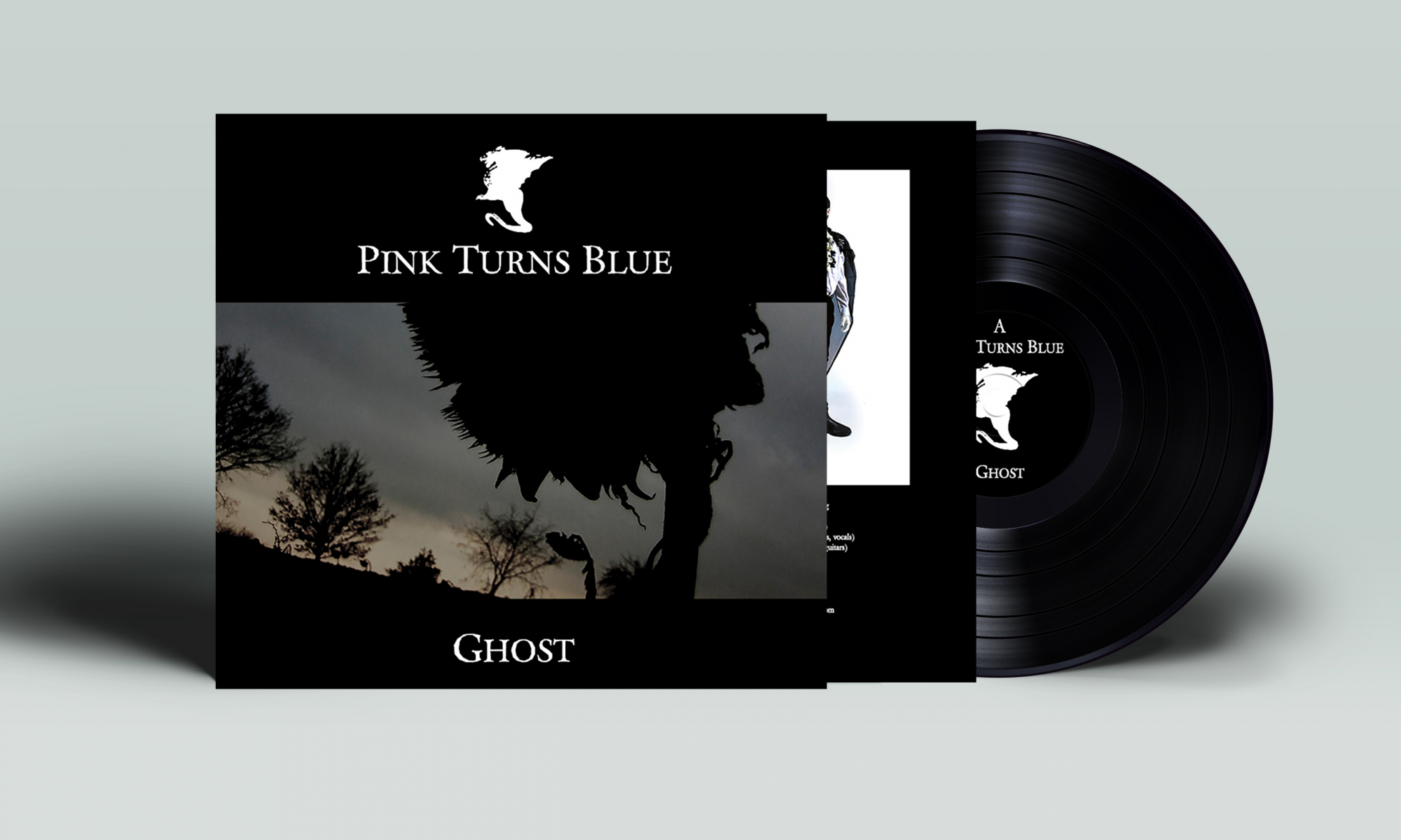 Album cover collage for Pink Turns Blue—Ghost, with a black vinyl record on the right