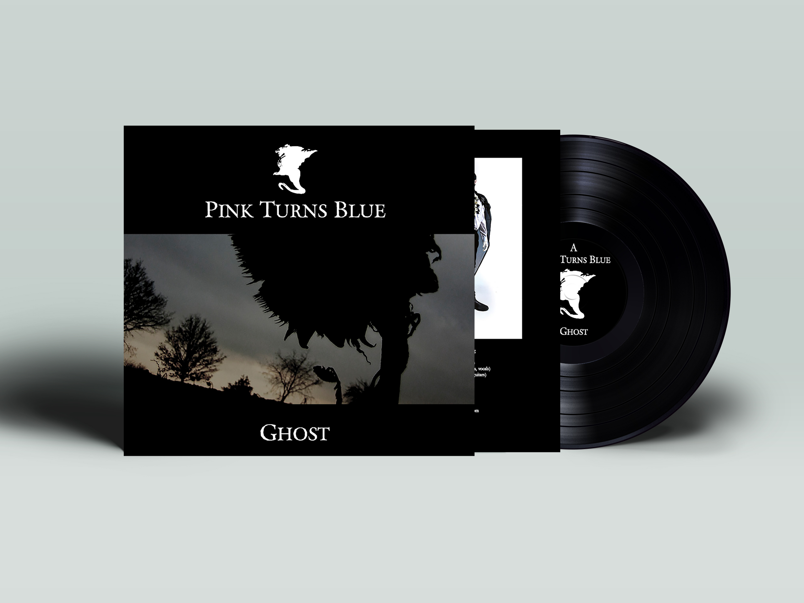 Mock-up-Ghost2026-vinyl Album cover collage for Pink Turns Blue—Ghost, with a black vinyl record on the right